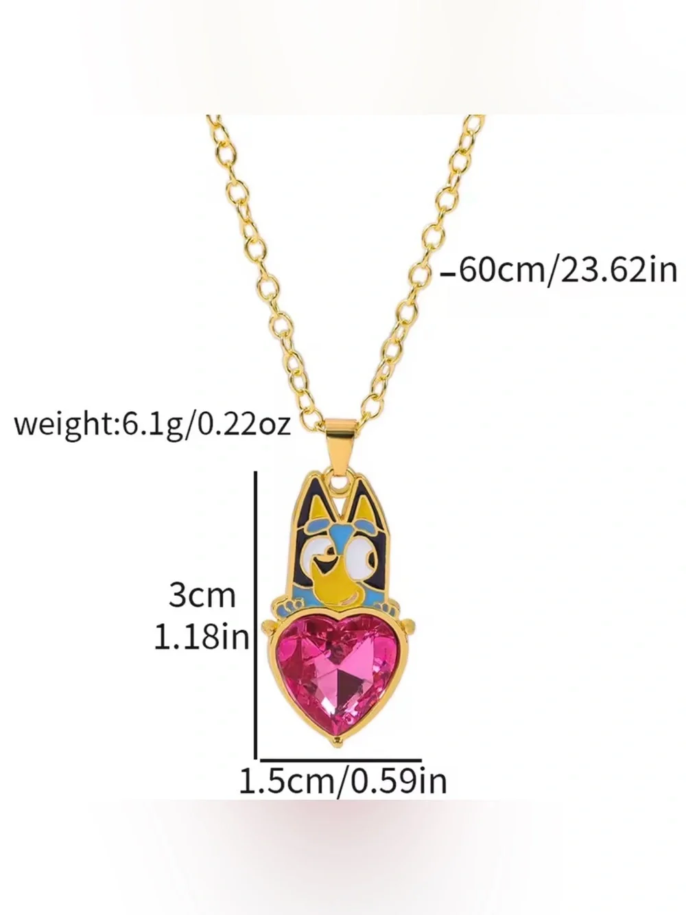 Bluey Holding Ruby Colored Heart Gold Tone Pendant Necklace Disney Character